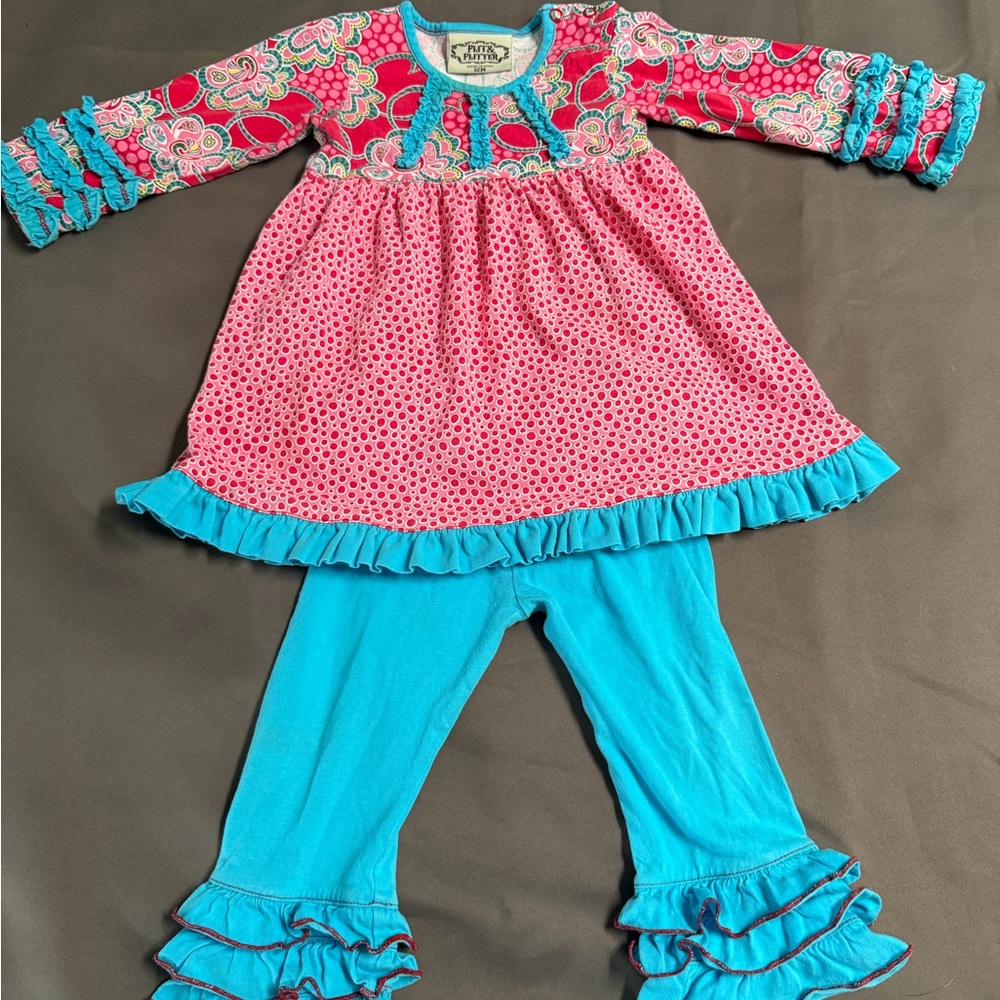 Flit & Flitter Pink & Aqua Multi Print 12 mos Ruffle Baby-Doll style Top/Pant